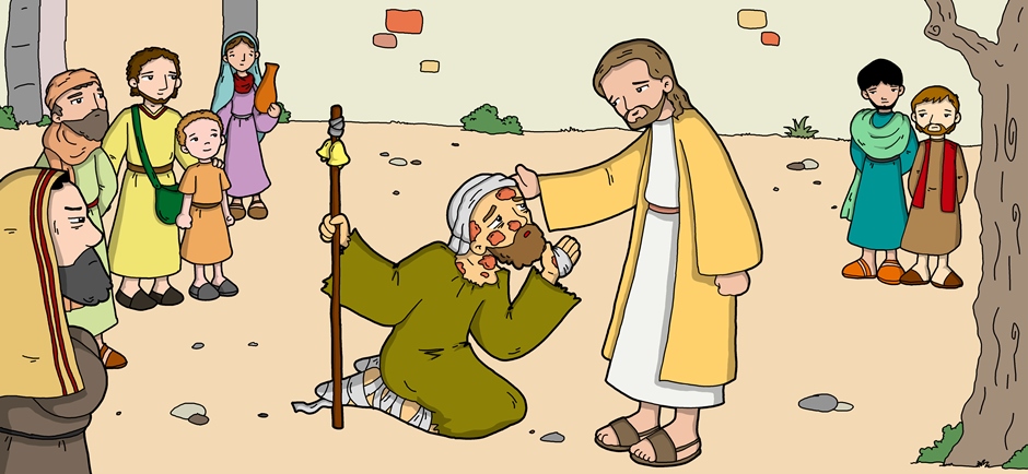 Jesús guareix un leprós. S’atansen a Ell des d’arreu